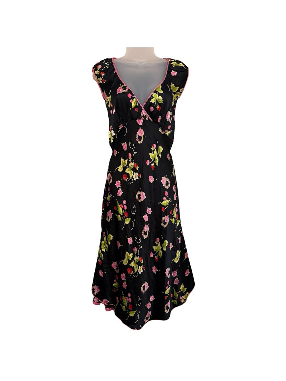Size 8 Y2K 90’s Vintage Betsey Johnson Silk Dress Strawberry Cherry Fruit Print